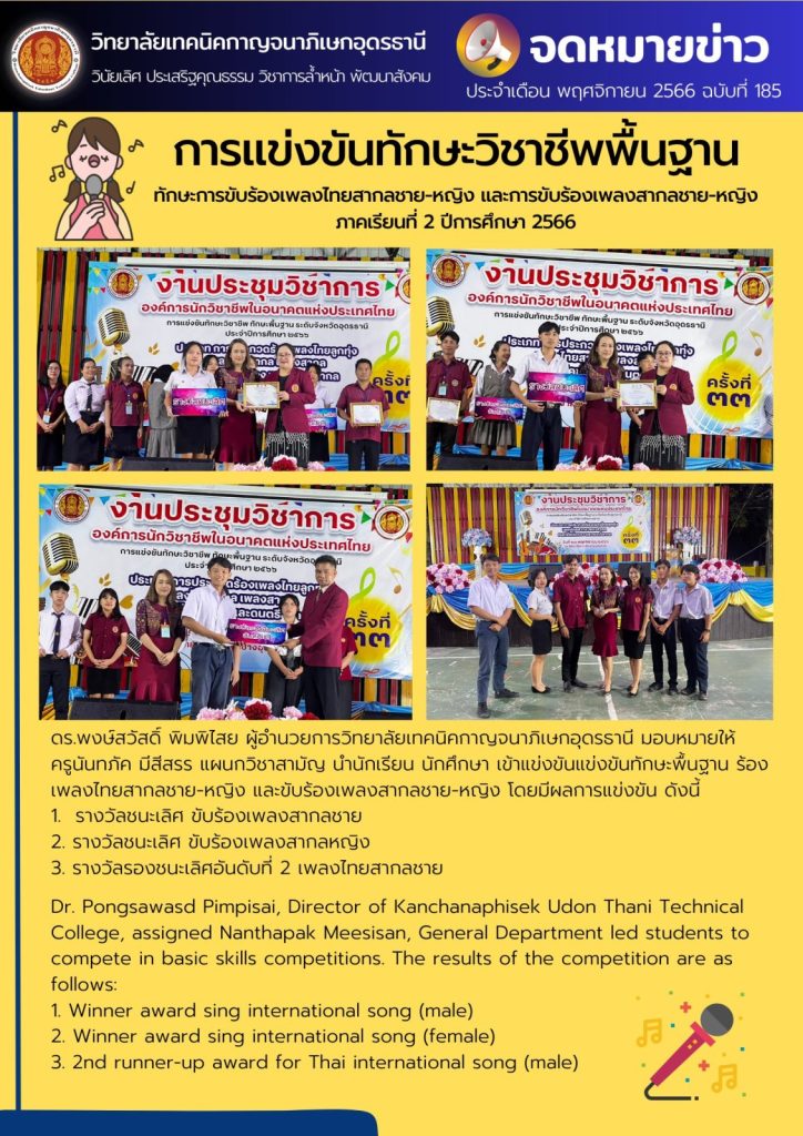 การแข่งขันทักษะวิชาชีพพื้นฐาน ทักษะการขับร้องเพลงไทยสากลชาย-หญิง และการขับร้องเพลงสากลชาย-หญิง ภาคเรียนที่ 2 ปีการศึกษา 2566